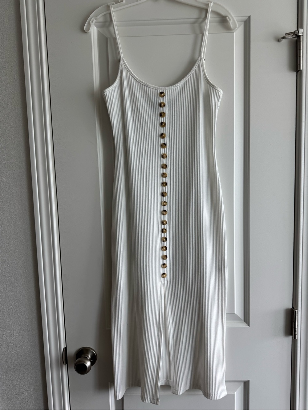 Vici White Ribbed Spaghetti Strap Midi Dress with Buttons